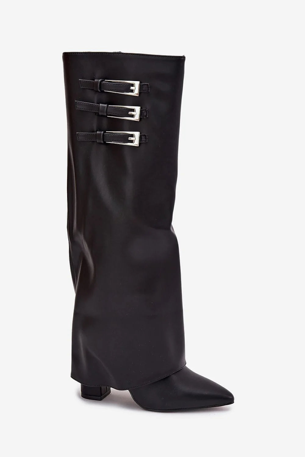 bottes hautes femme similicuir noir bout pointu tige revers fourrure fermeture éclair talon bloc confortable brides boucles argentées