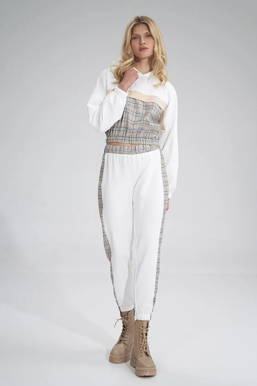 Pantalon survêtement femme tissu synthétique décontracté blanc élégant bandes carreaux confort ceinture élastique