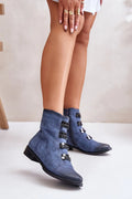 Bottes élégantes pour femme style moderne bleu denim cuir artificiel détails métalliques montantes cheville coupe près cheville semelle robuste talon carré confortable usage ville quotidienne