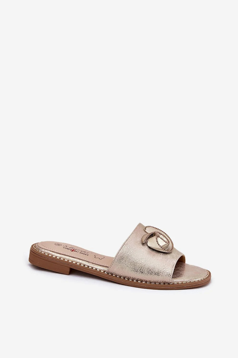 Sandales dorées métalliques pour femmes style élégant cuir synthétique talon plat détails ornementaux occasion quotidienne été mode moderne confortable durabilité style décontracté look sophistiqué parfaite pour les tenues estivales