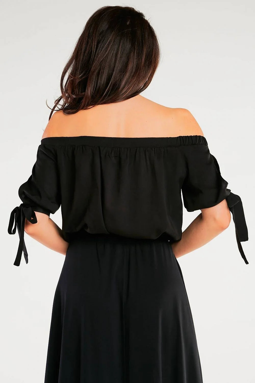 chemisier femme bardot épaules dégagées manches nouées courtes viscose extensible elasthanne noir cropped fluide ample confortable léger soyeux polonais qualité