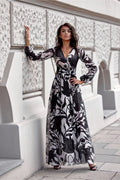 Robe longue Roco Fashion à manches longues, motif floral noir et blanc, encolure V, taille ajustable, pour soirées ou occasions spéciales, femme