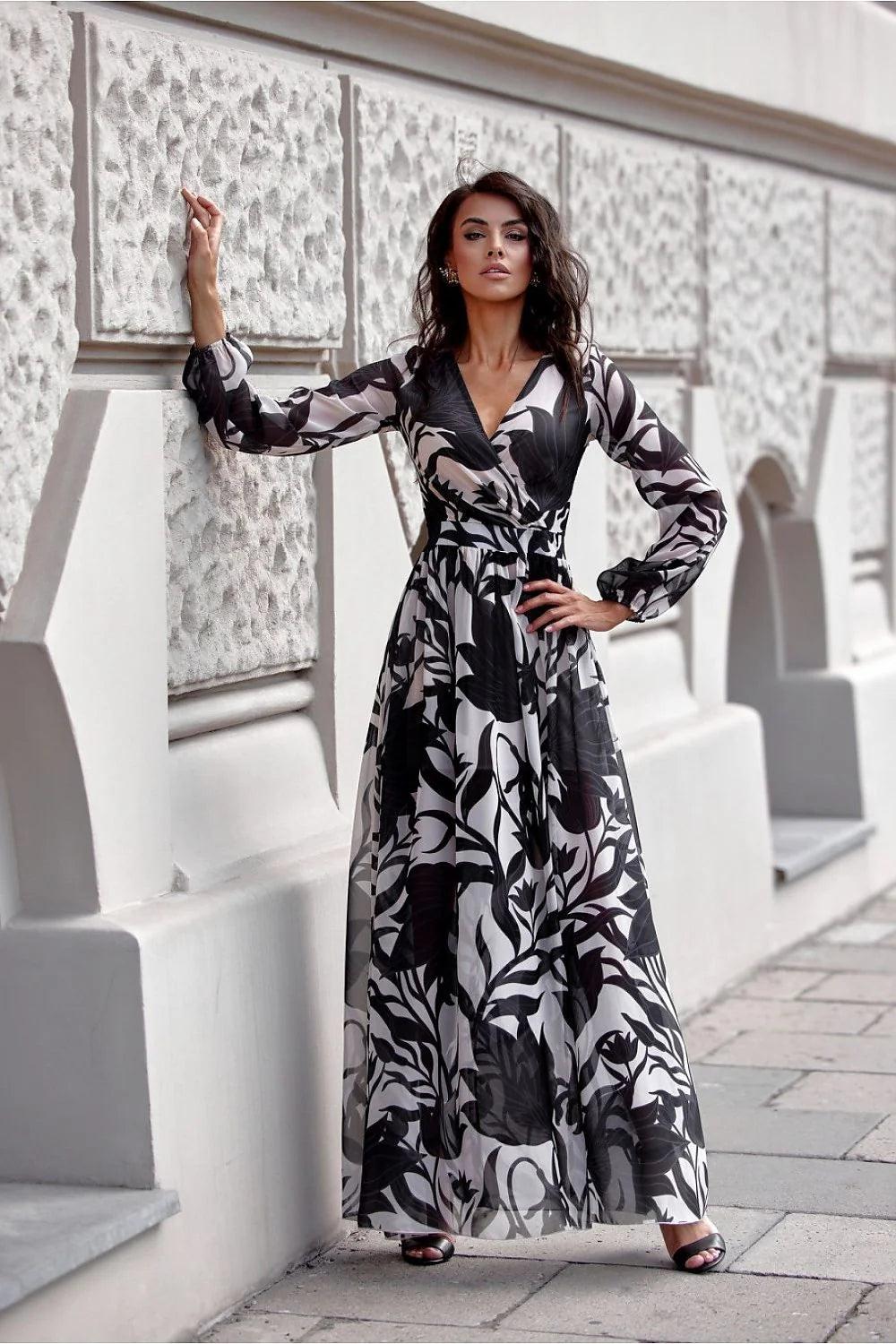 Robe longue Roco Fashion à manches longues, motif floral noir et blanc, encolure V, taille ajustable, pour soirées ou occasions spéciales, femme