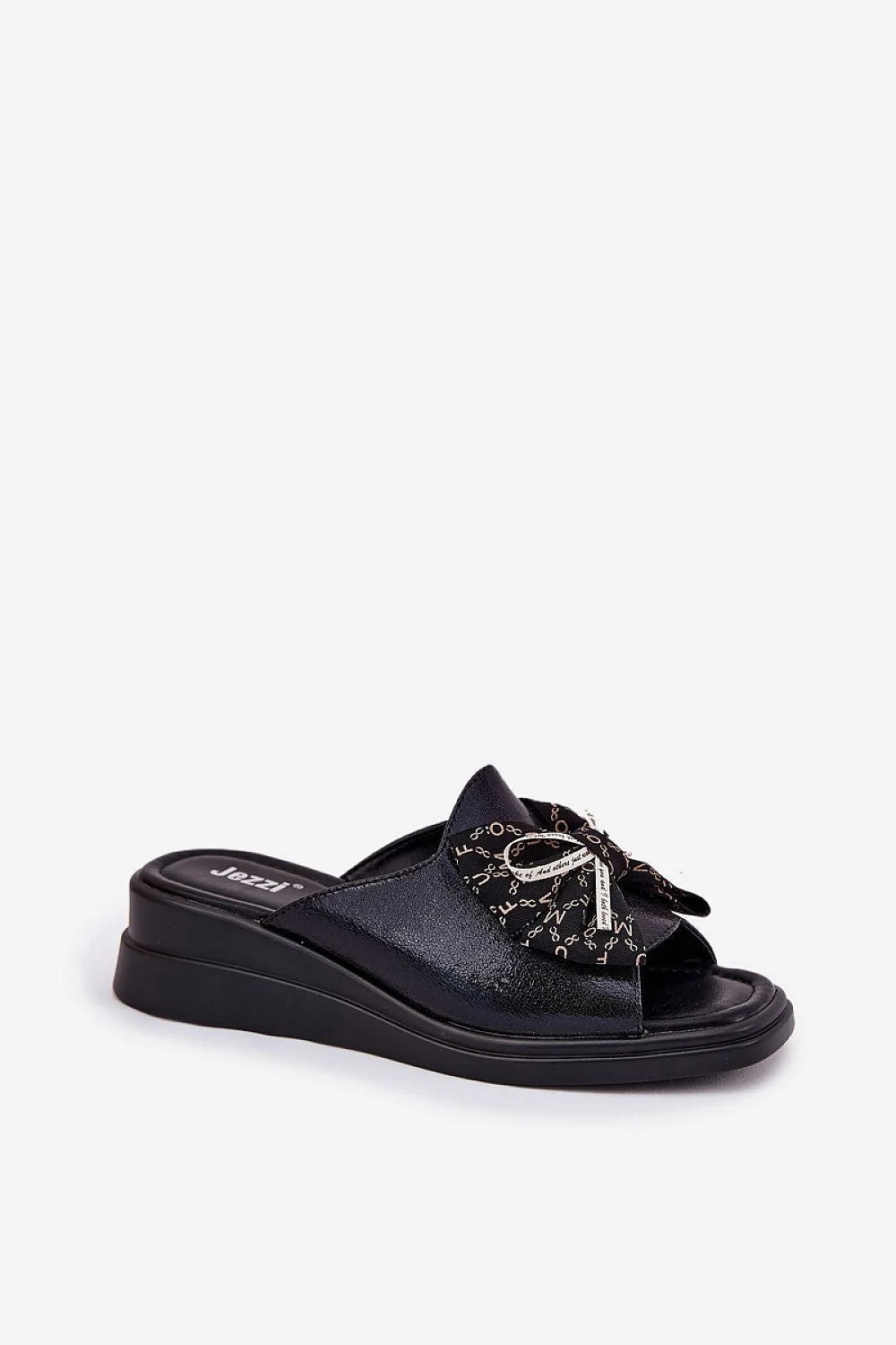 Sandales Jezzi pour femmes élégantes ouvertes à l’avant nœud graphique simili cuir noir talon compensé