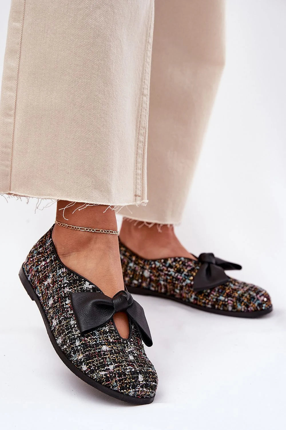 ballerines élégantes multicolores tweed bouclé bout rond nœud suedette noire empeigne découpée semelle caoutchouc basse cuir confort ergonomique