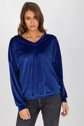 Pull pour femme en velours bleu profond manches longues col en V coupe ample finitions soignées style décontracté et élégant