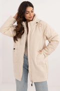 Manteau femme moderne élégant beige clair mixte matelassé tricot manches longues capuche poches grandes fermeture éclair