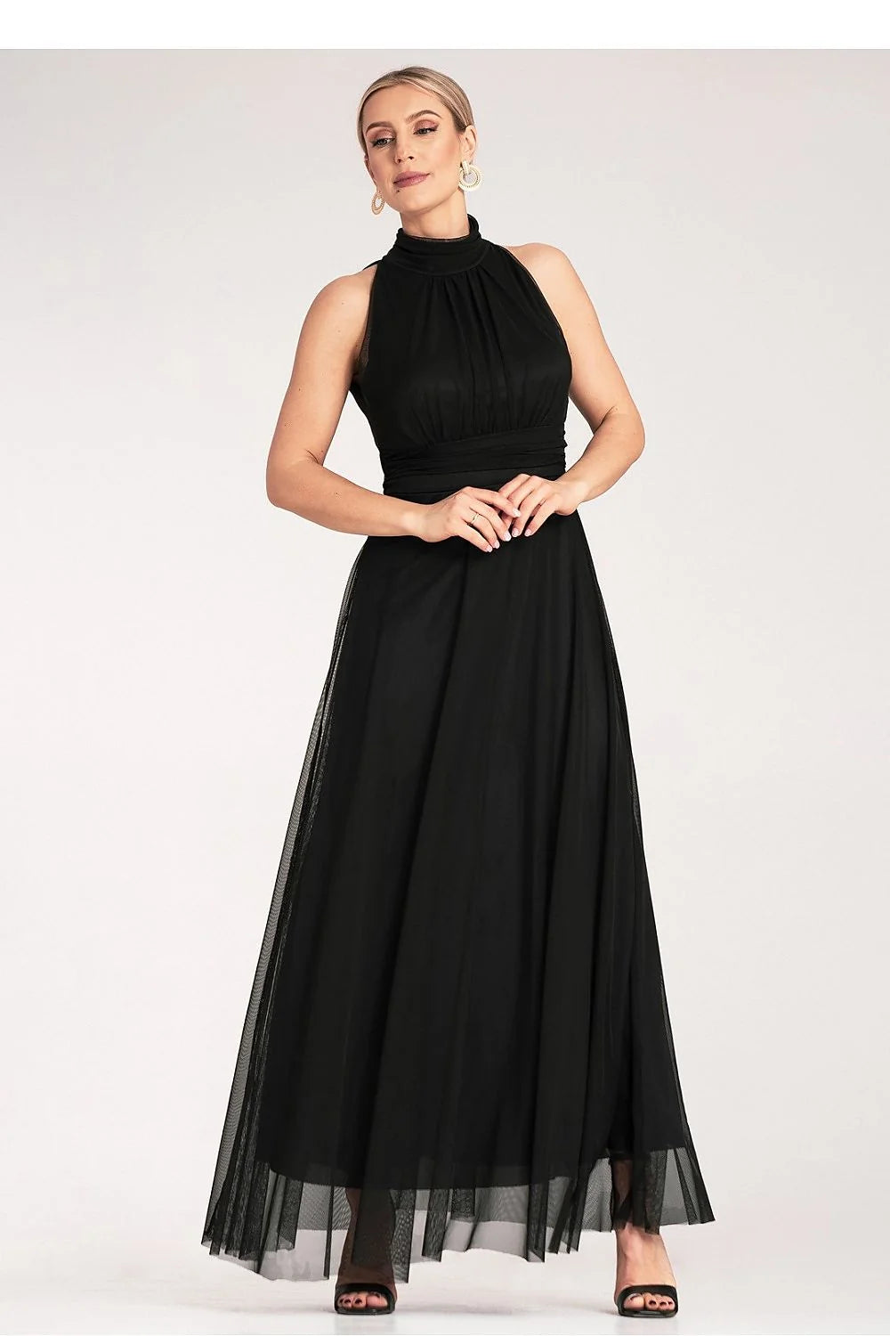 Robe de cocktail élégante noire sans manches col montant taille ajustable femmes occasion formelle