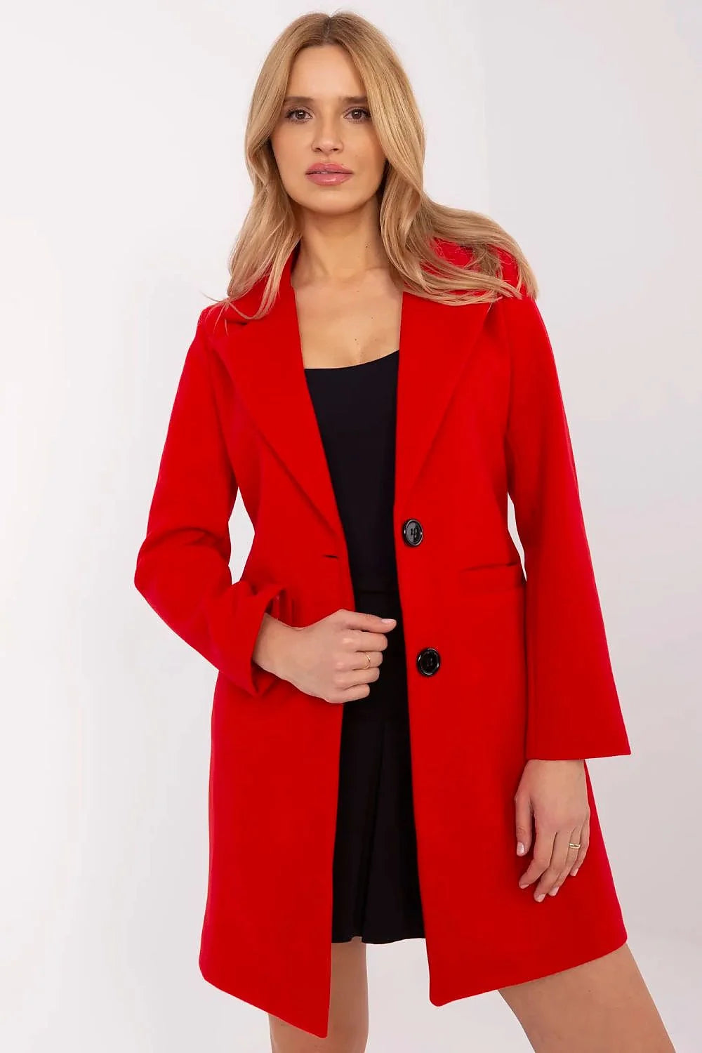 Manteau Och Bella pour femme élégant coupe classique droite manches longues boutons noirs couleur rouge vif matière polyester haut de gamme