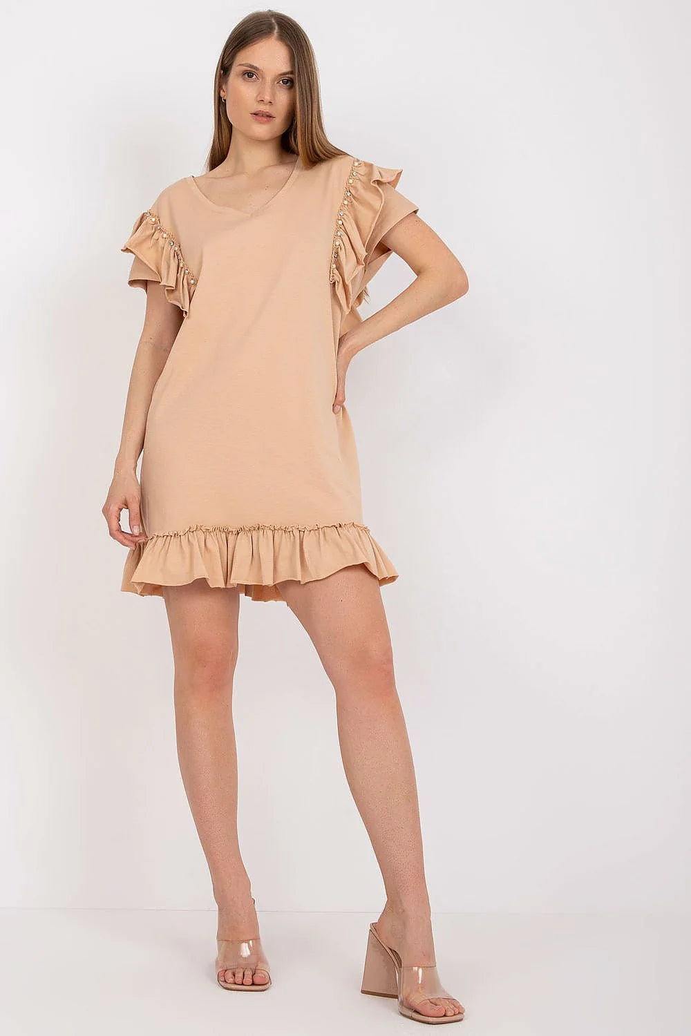robe estivale corail légère fluide coton viscose col rond coupe droite manches courtes volants perles ourlet volanté féminine chic confortable