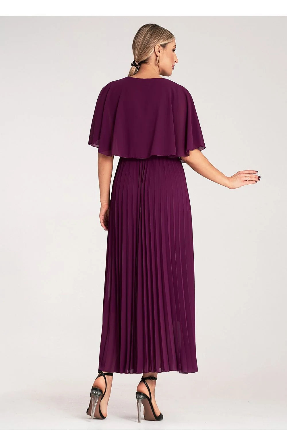 Robe de cocktail élégante longue manches amples col V prune tailles S/M polyester 100% viscose doublure femme