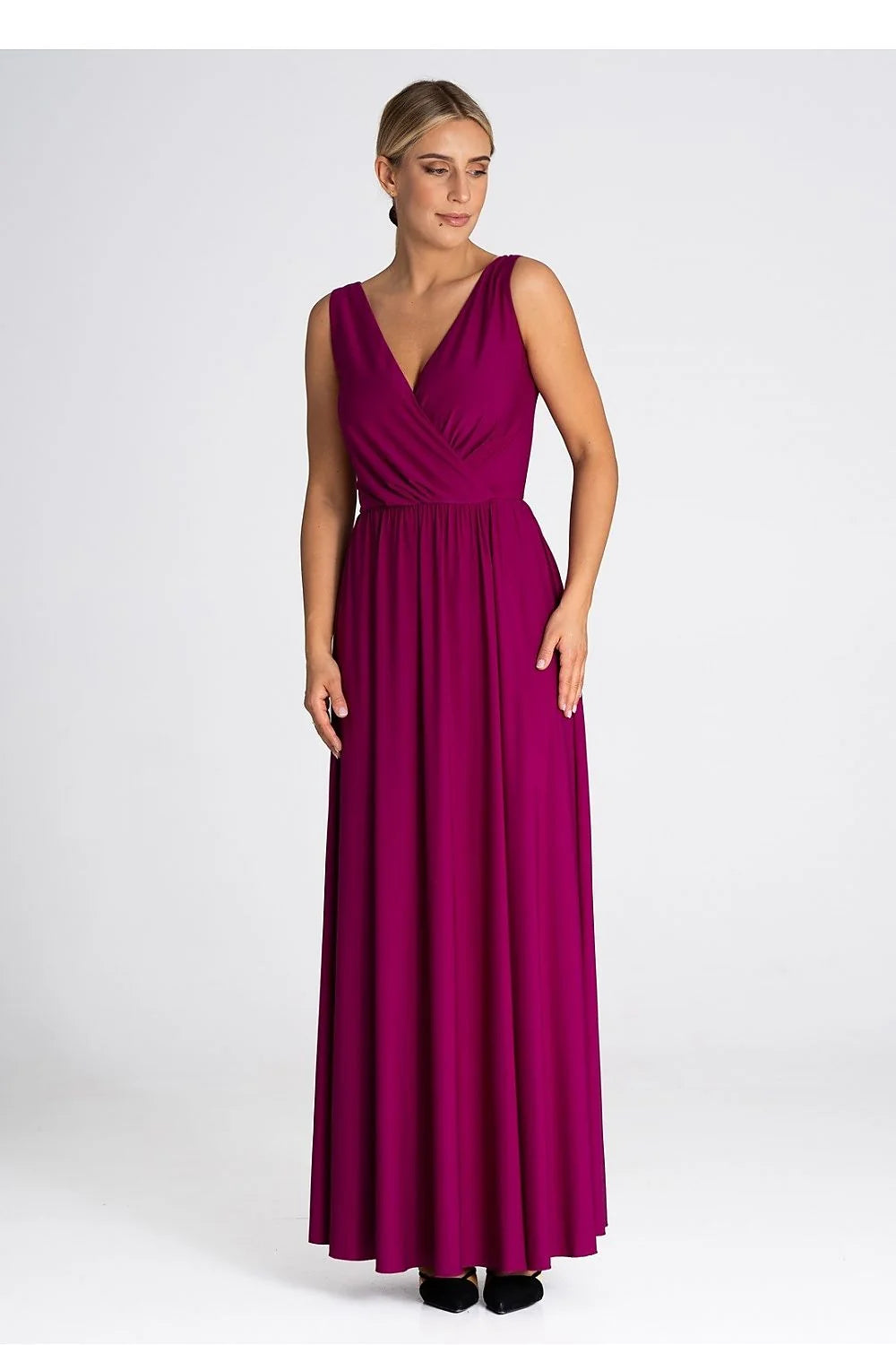 Robe longue élégante sans manches décolleté V croisé magenta profond polyester élasthanne ajustée jupe évasée femmes occasion spéciale