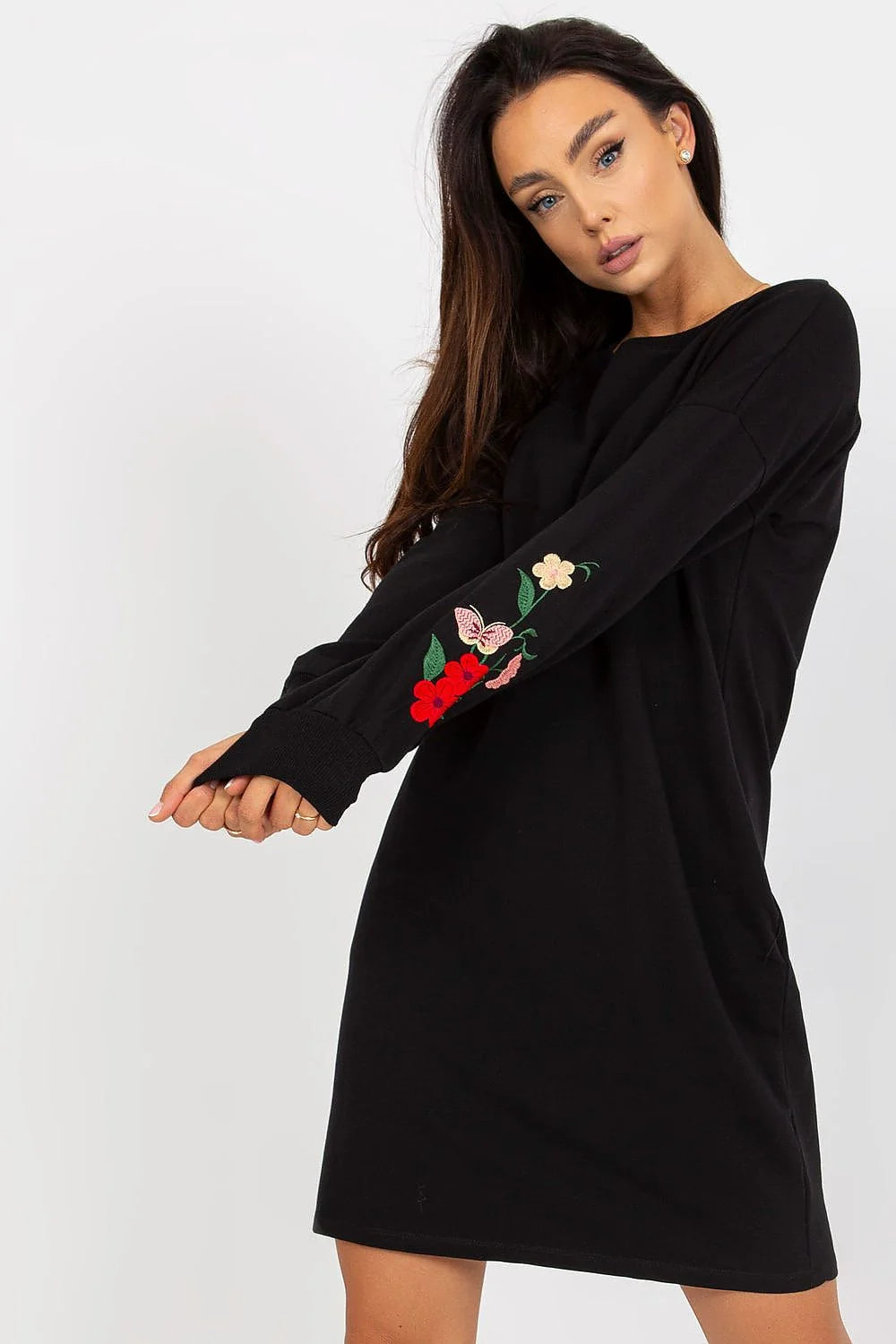 Robe de jour Rue Paris en coton élasthanne manches longues broderie florale poches latérales femmes