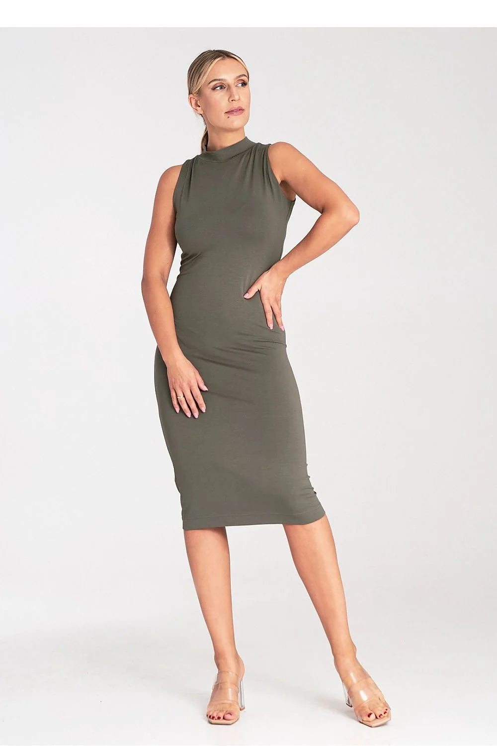 robe Figl midi ajustée sans manches col montant vert olive viscose elastane jersey stretch minimaliste élégant confortable polyvalent