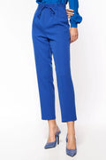 Pantalon femme crêpe bleu vif élégant taille haute ceinture nouée chic pour soirée