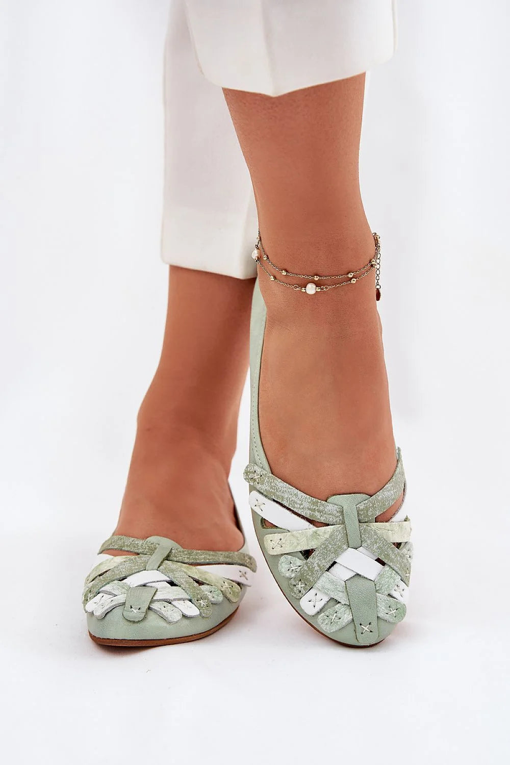 Ballerines élégantes pour femme style printemps été cuir vert menthe tissu bandes talon 1cm occasion quotidienne sortie