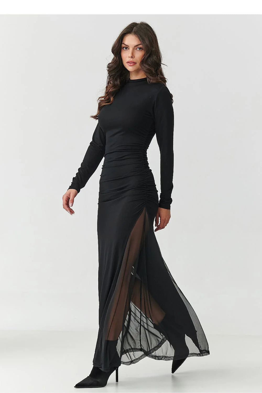 robe longue maxi noire femme moulante cintrée col montant manches longues maille stretch fronces taille fentes latérales tulle transparent sexy