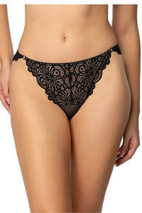 string dentelle noir taille basse floral ajouré festonné tulle semi transparent brides latérales anneaux sensuel confortable maintien léger élégant