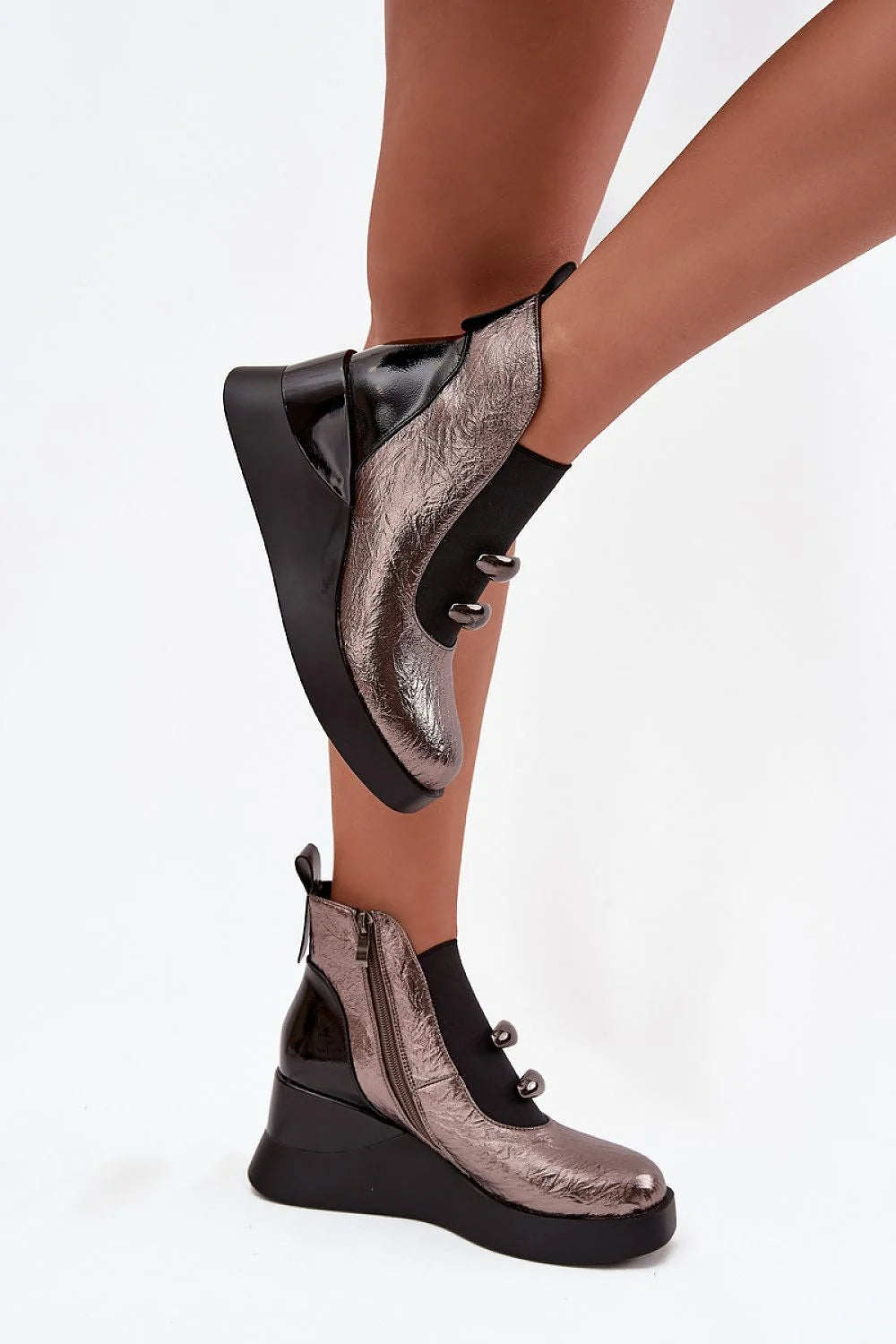 bottines femme cuir écologique métallisé bronze rosé effet froissé compensées plateforme talon incurvé semelle épaisse élastique zippée doublure chaude décoratives