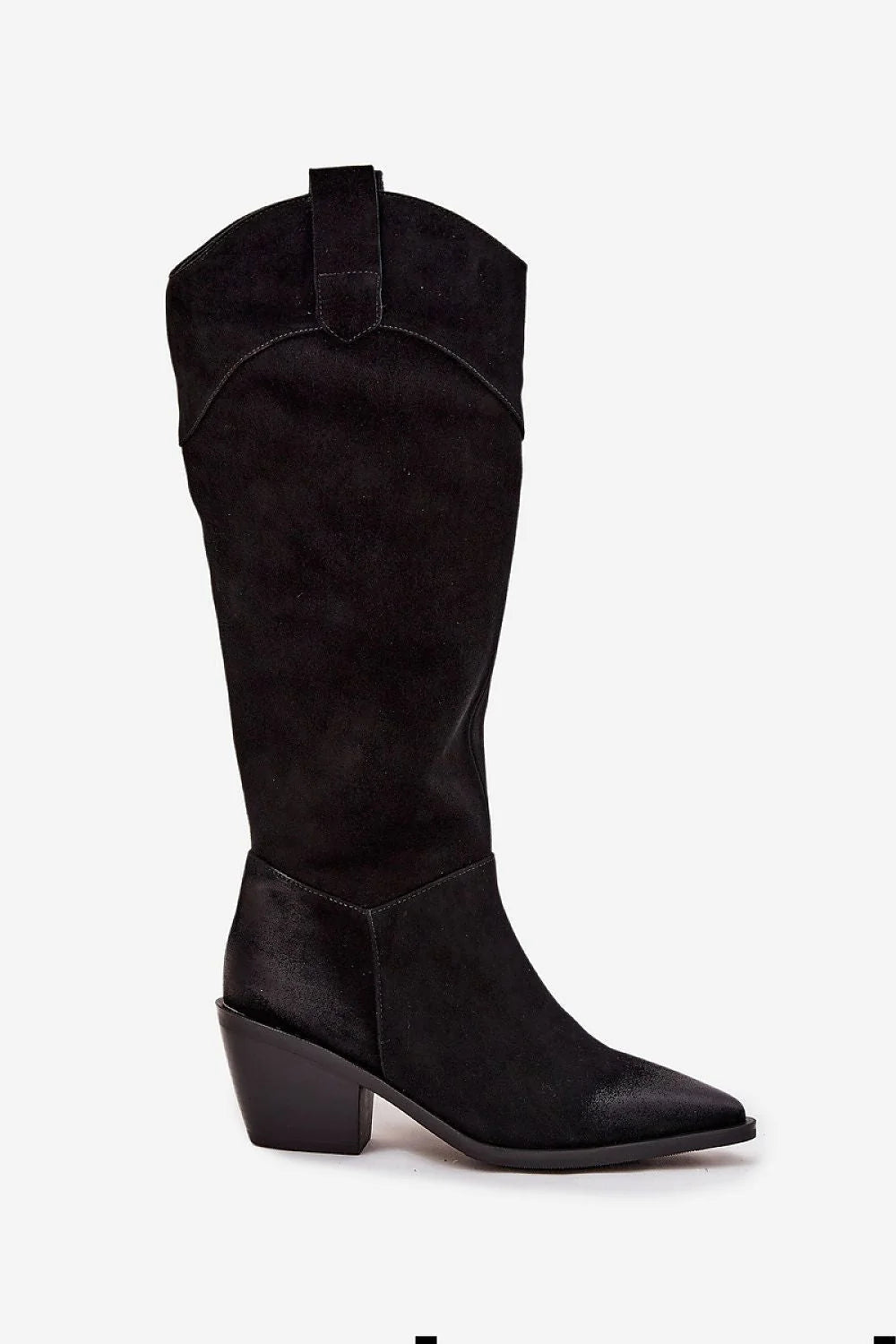 bottes cowboy femme daim suédé noir tige mi mollet bout pointu talon bloc stable fermeture éclair intérieure doublure semelle résistante