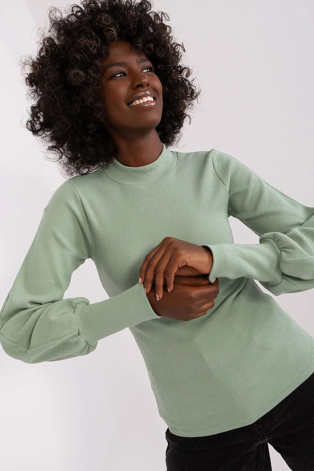 Chemisier femme Rue Paris manches longues coton élasthanne sage vert coupe ajustée poignets larges mode élégante