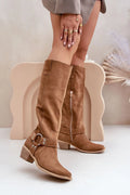 Bottes à talons block en daim marron pour femmes, hauteur genou, fermeture éclair, sangle cheville, style western, confortable, automne-hiver, mariage, ville, mode élégante
