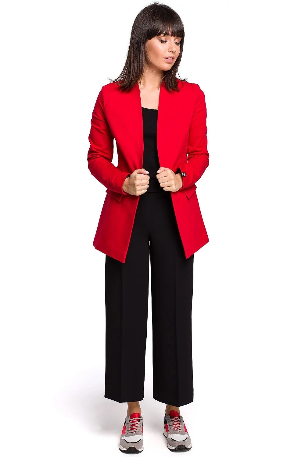 blazer femme BeWear rouge vif ajusté cintré manches longues col châle poches rabat doublé coton élasthanne confortable structuré