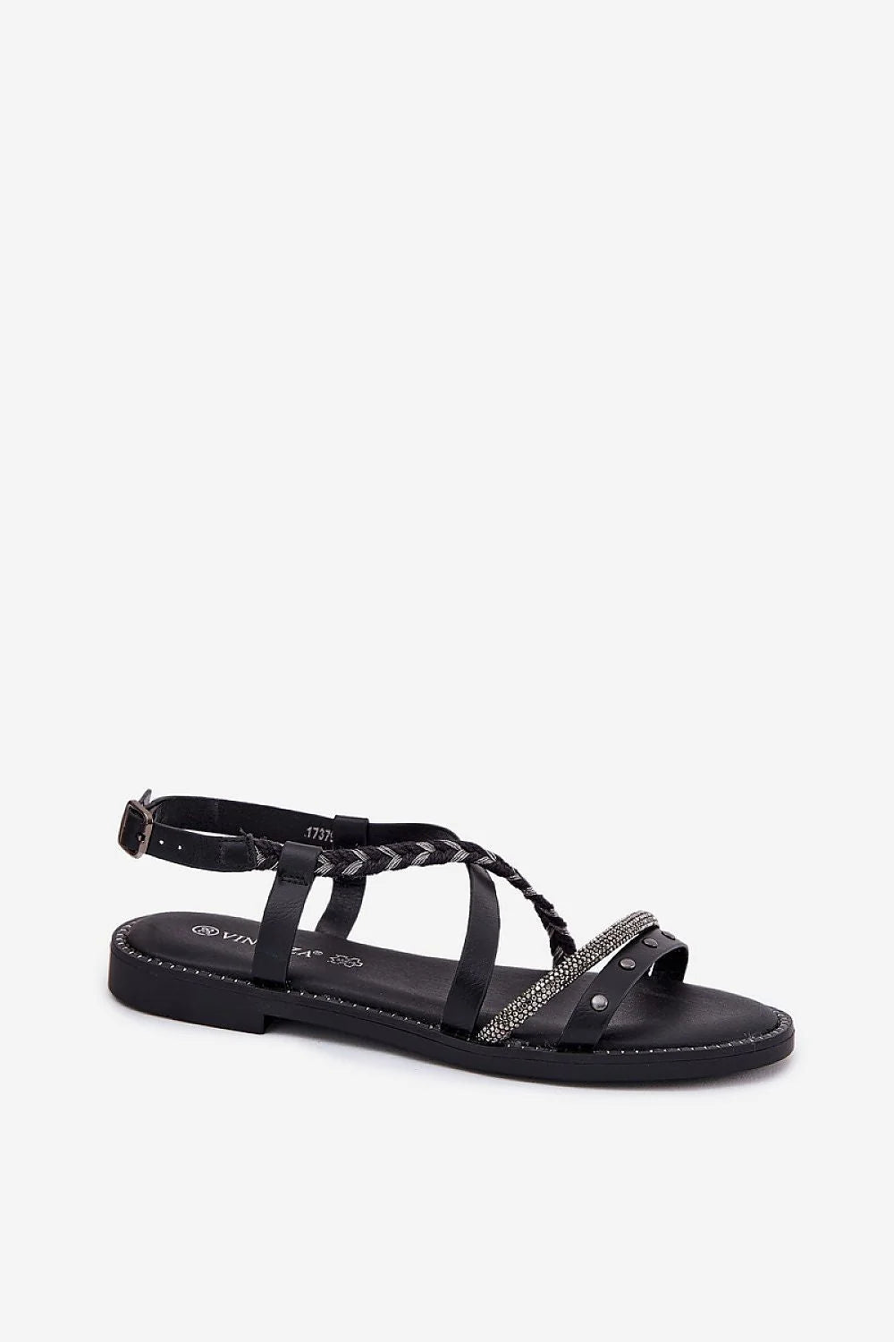 Sandales pour femmes design élégant moderne noires simili cuir confort talon plat lanières décoratives tresse unique boucle bride réglable durables style artisanal