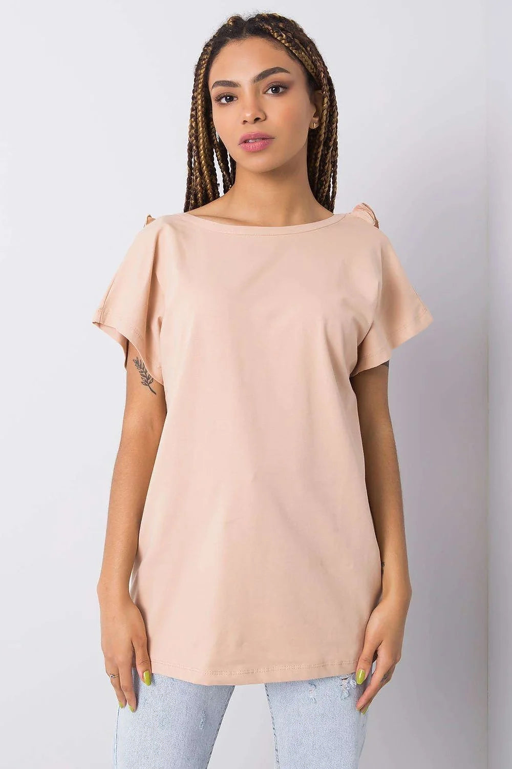 Chemisier élégant pour femme en coton 95% lycra 5% coupe ample manches courtes beige pâle sans motifs