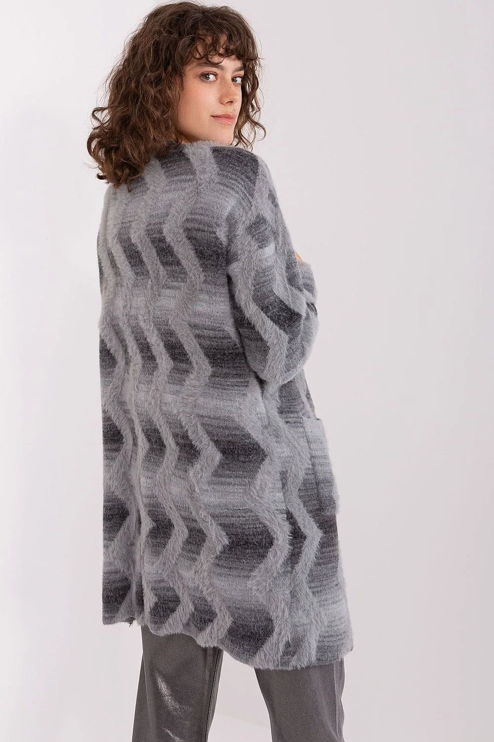 Cardigan femme motif géométrique long manches longues sans fermeture élégant polyvalent hiver automne vêtement mode