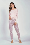 Pyjama pour femme Taro, rose pâle, manches longues, col rond, inscription 'Choose love', pantalon pois, taille élastiquée, coton doux, confort, style moderne