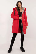 Doudoune longue pour femme rouge vif matelassée polyester fausse fourrure capuche amovible poches zippées hiver automne