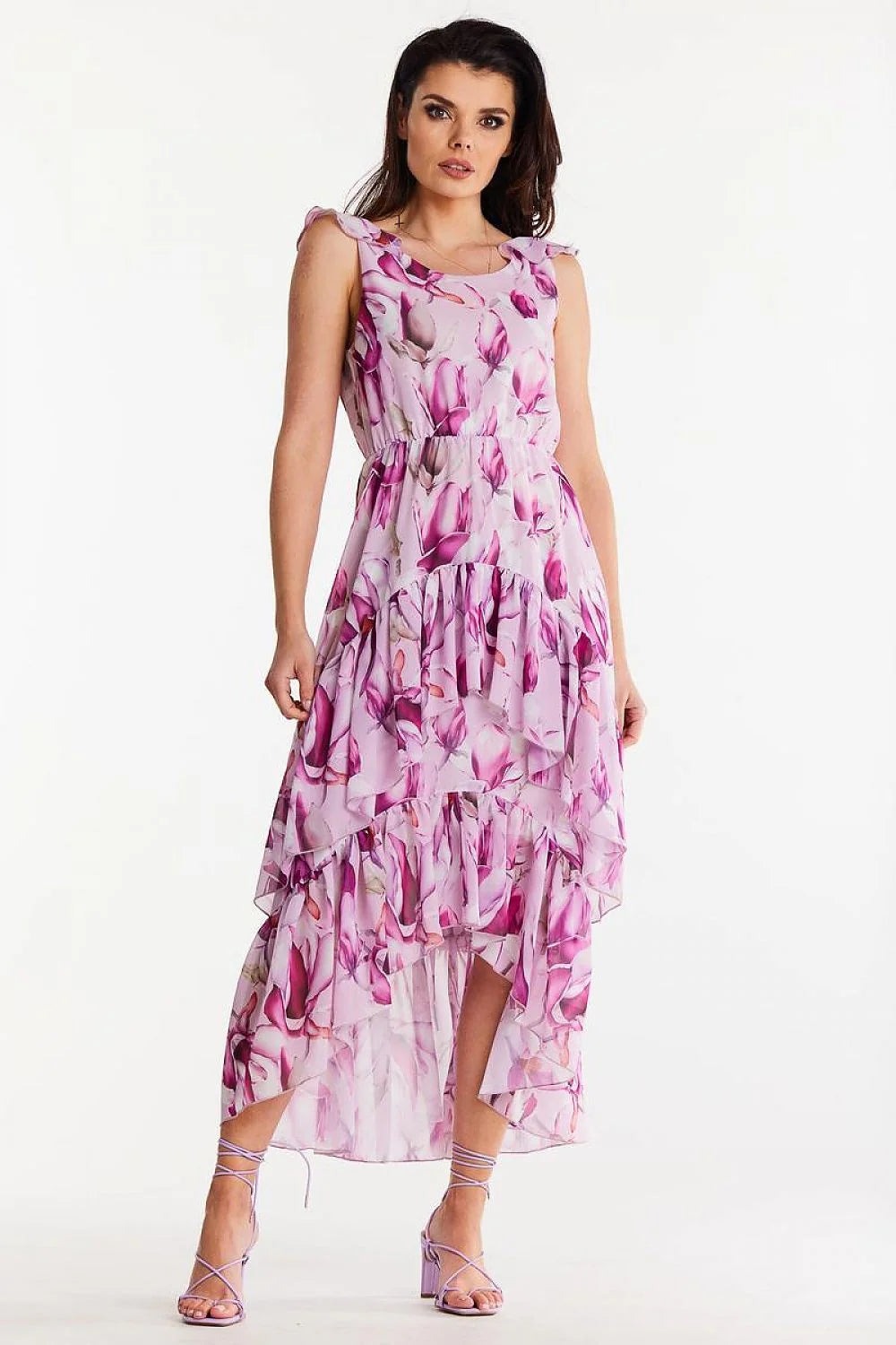 Robe de jour élégante asymétrique imprimé floral rose violet mousseline élastique taille ajustable femmes