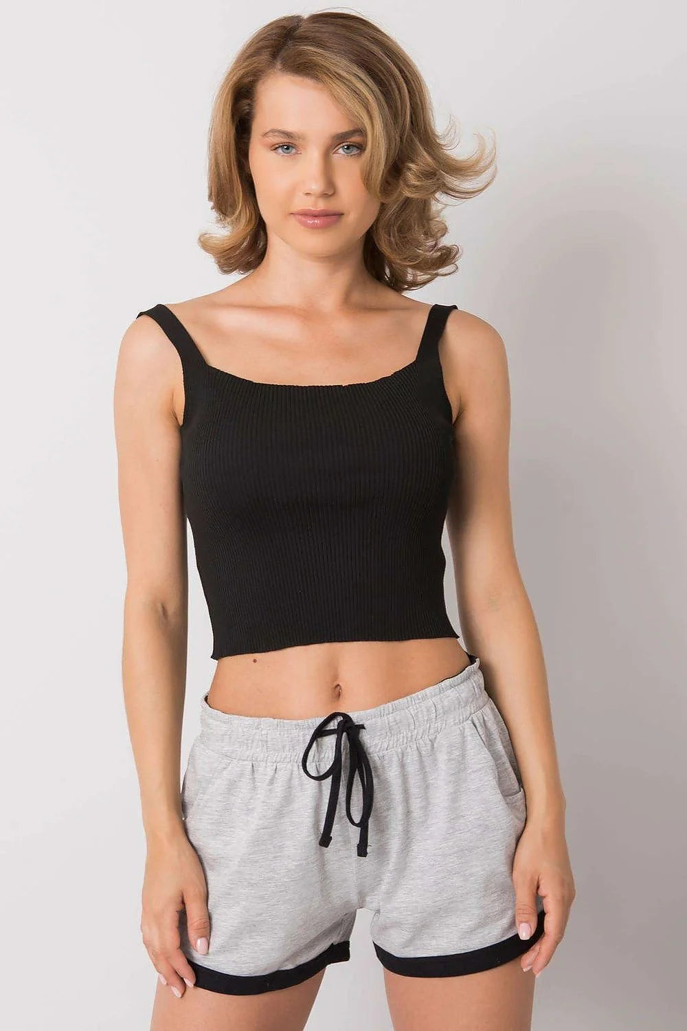 Top Calben Femme Haut Côtelé Encolure Carrée Manches Courtes Crop Top Polyvalent Confortable Acrylique Noir Taille Universelle