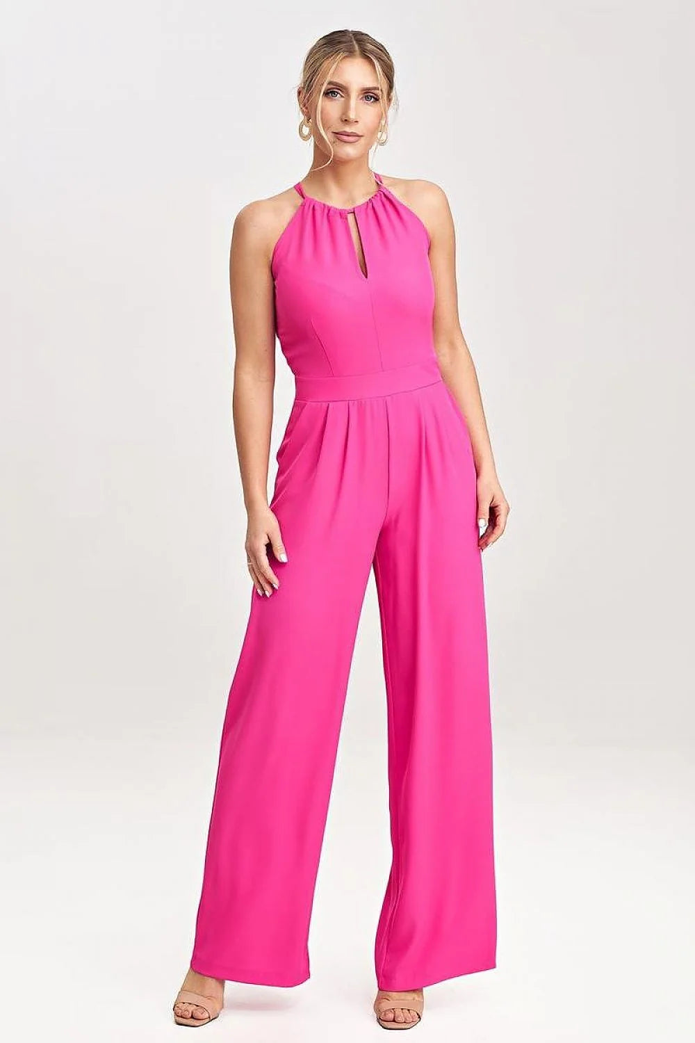 Combinaison pour femmes moderne élégante sans manches jambes longues larges rose vif halterneck coupe structurée ceinture intégrée polyester haute qualité occasions formelles