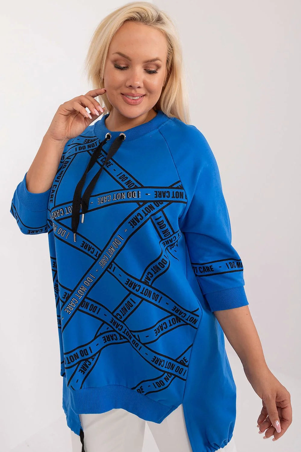 Chemisier grande taille style décontracté couleur bleu électrique motifs graphiques manches 3/4 encolure ronde strass polyester coton femmes vêtements mode