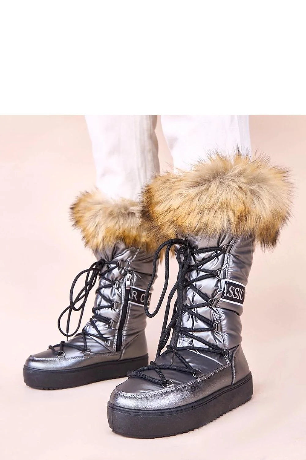 bottes neige femmes Malida Gemre métalliques argentées matelassées col fourrure beige semelle plateforme crantée antidérapante chaude