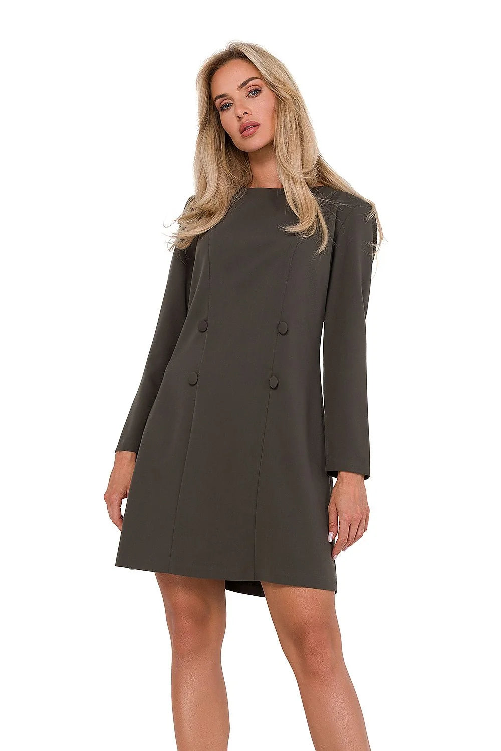 Robe de jour élégante pour femme style minimaliste couleur kaki manches longues coupe droite taille ajustable