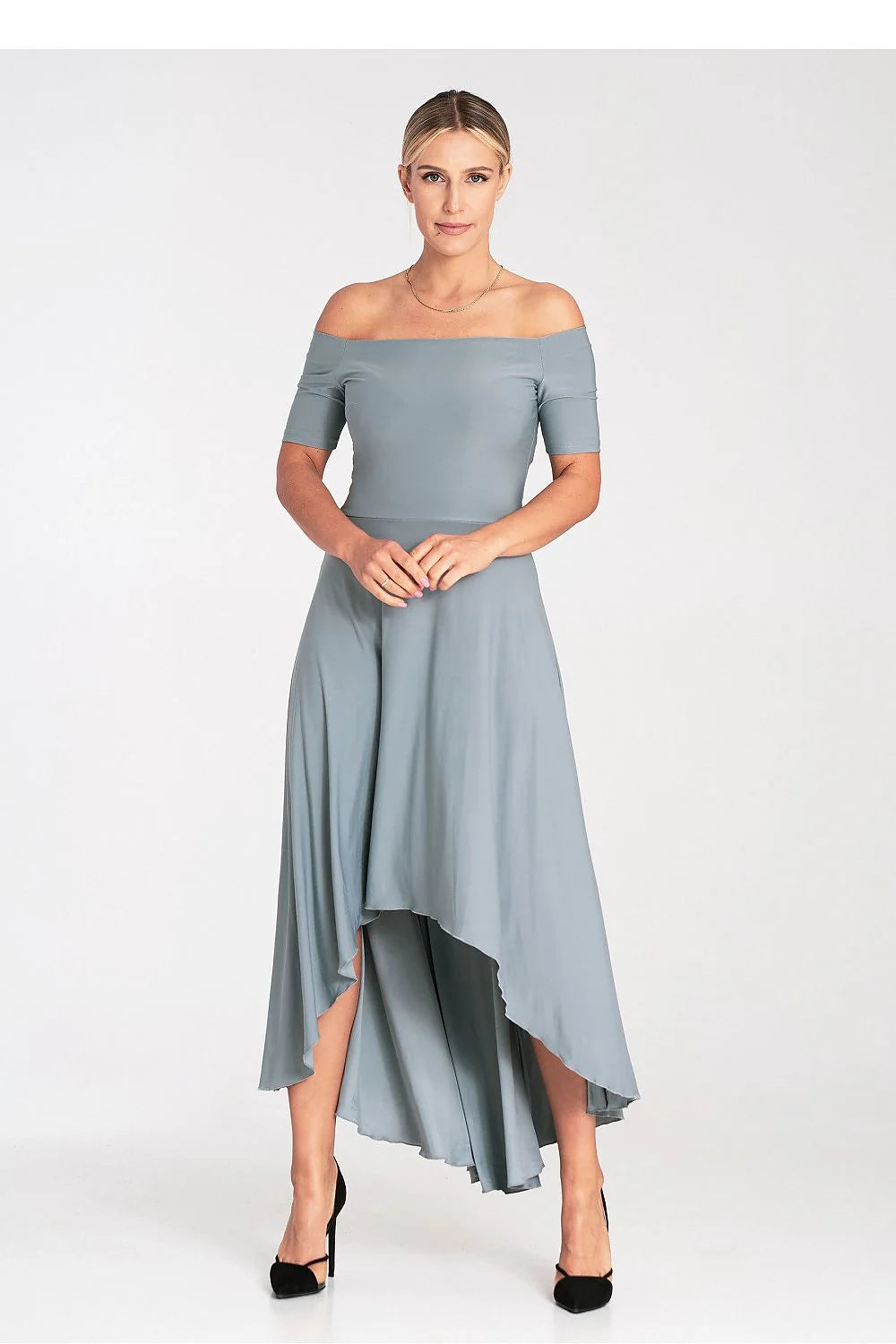Robe de soirée élégante longue manches courtes dos nu tissu fluide couleur bleu-gris femme
