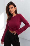chemisier ivon femme crop manches longues bordeaux col rond coupe ajustée jersey coton élasthanne extensible tombé fluide fleur froncée taille