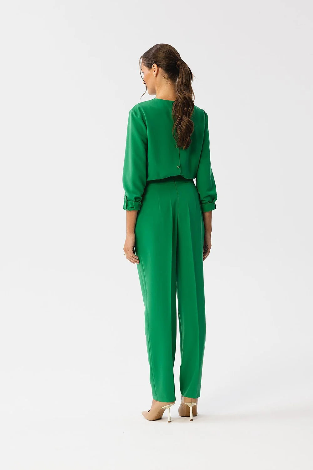 Ensemble féminin sophistiqué vert vibrant manches longues fermeture éclair haut ajusté pantalon ample occasion spéciale
