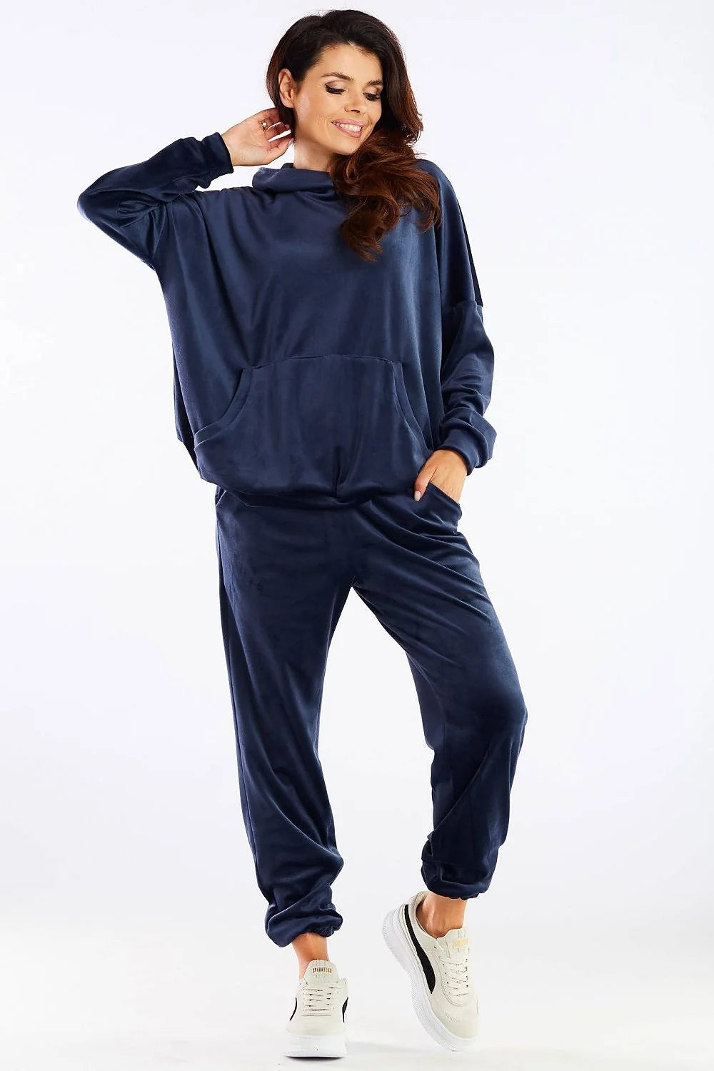 Ensemble survêtement femme velours bleu marine confortable décontracté capuche poche kangourou jogger sport élégant