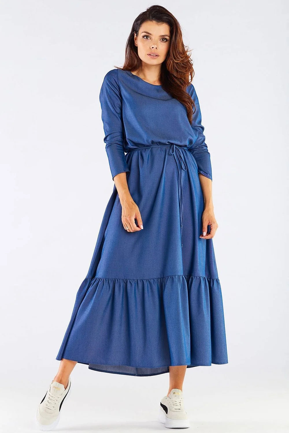 Robe longue viscose framboise élégante manches longues ceinture ajustable fluide décontractée soirée féminine moderne