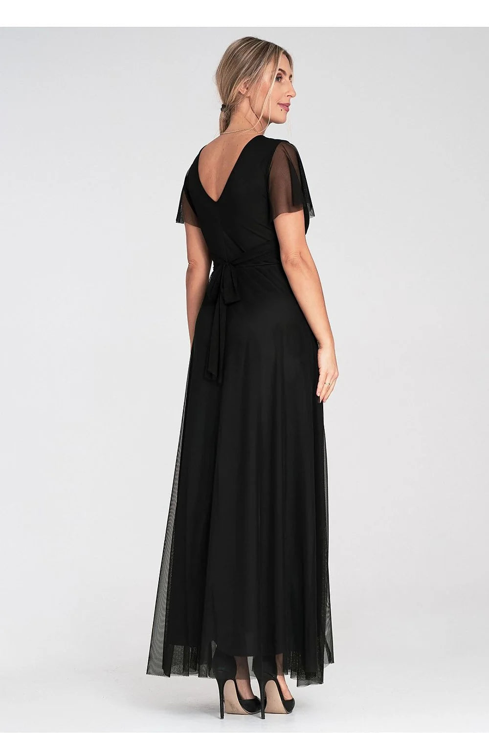 Robe longue élégante pour femme en tissu et tulle noir, style formel, décolleté en V, manches courtes, taille ajustable, soirée et événements
