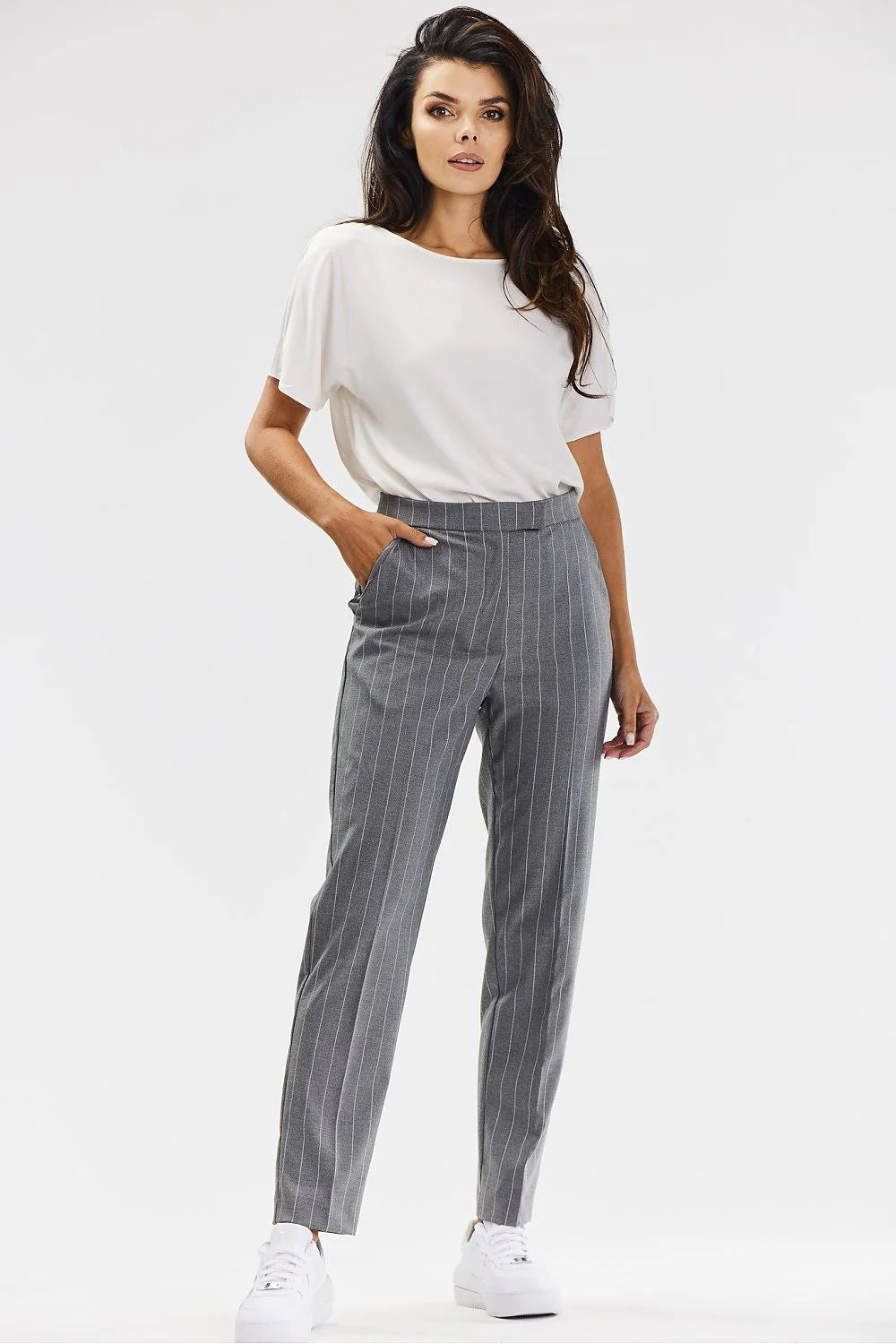 Pantalon cigarette femme Awama rayures gris-blanc coupe ajustée hauteur taille intégrée occasion formelle décontractée viscose haute qualité