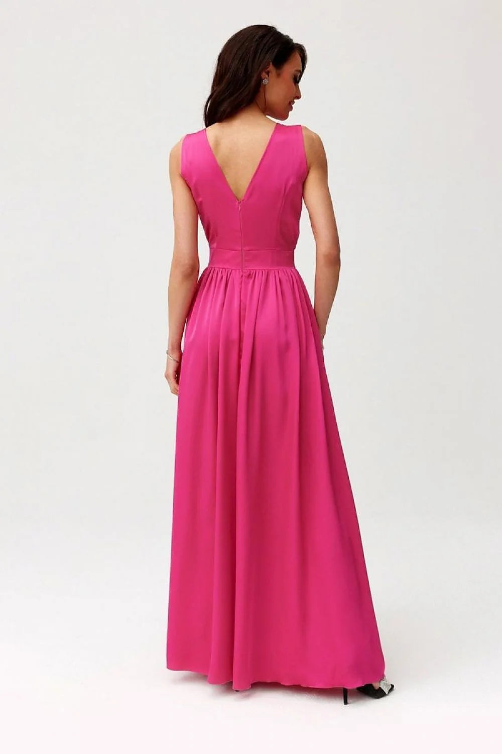 Robe de soirée élégante longue fuchsia sans manches en V décolleté dos nu floral femme