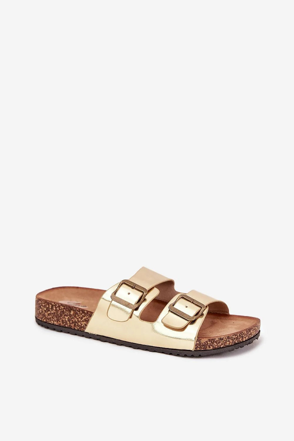 sandales femme mule deux brides réglables boucles doré cuir synthétique liège semelle anatomique suède écologique rembourrée antidérapante estivale