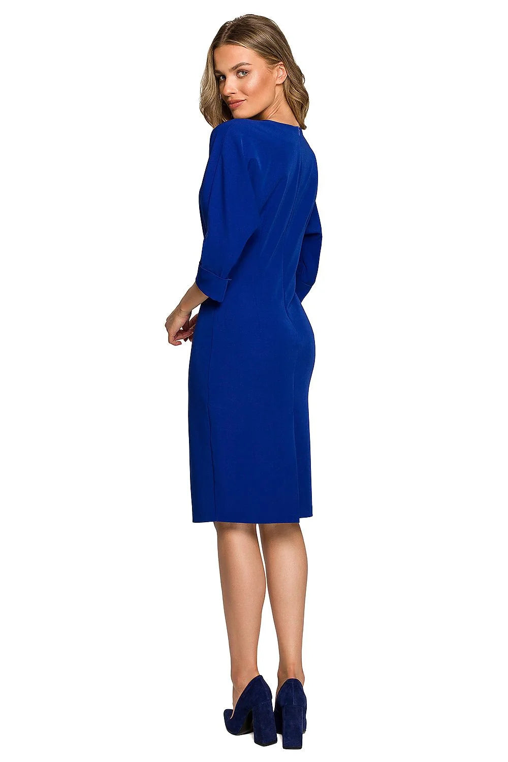 Robe classique élégante pour femme en vert émeraude, coupe droite, manches 3/4, col rond, fermeture éclair dissimulée, polyester, viscose, élasthanne