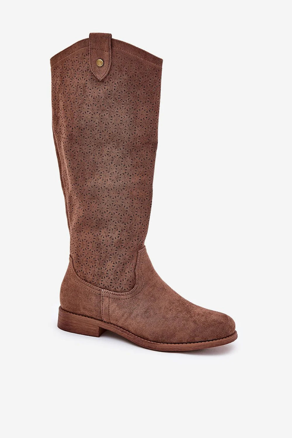 Bottes cuissardes féminines en suédine écologique, style moderne, talon plat, fermeture éclair, motif ajouré, couleur marron, hauteur 38.5 cm, pour printemps, quotidien, look décontracté ou bohème