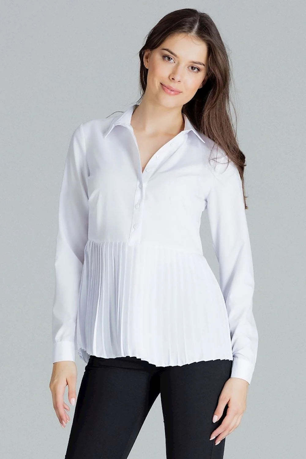 Chemisier blanc polyester élasthanne élégant manches longues plissé taille ajustable pour femmes style sophistiqué